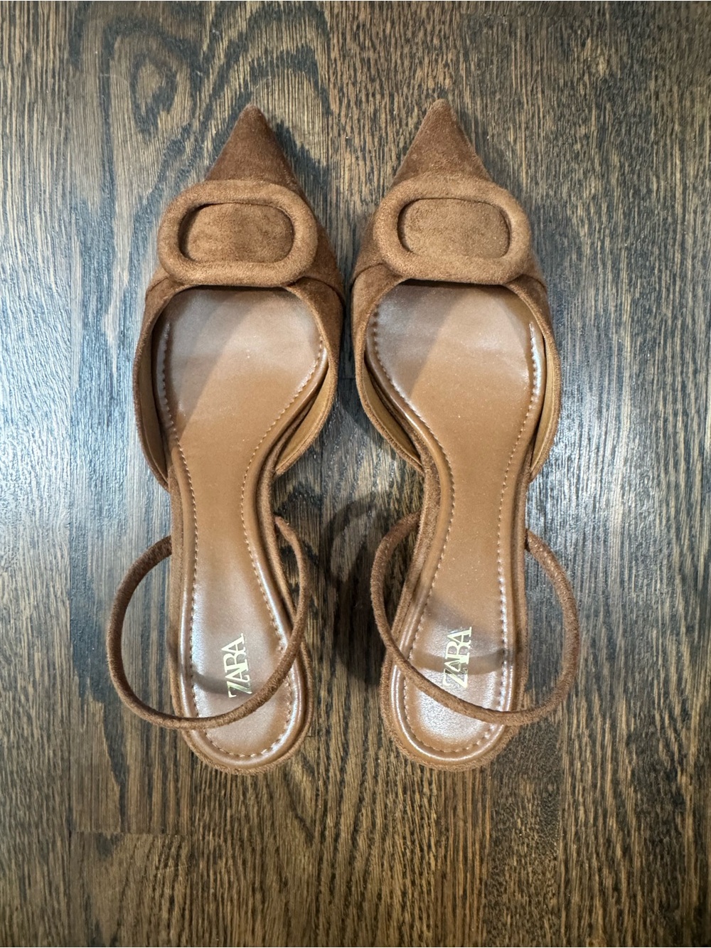 ZARA Tan Pointed-Toe Slingback Mules with Buckle Accent